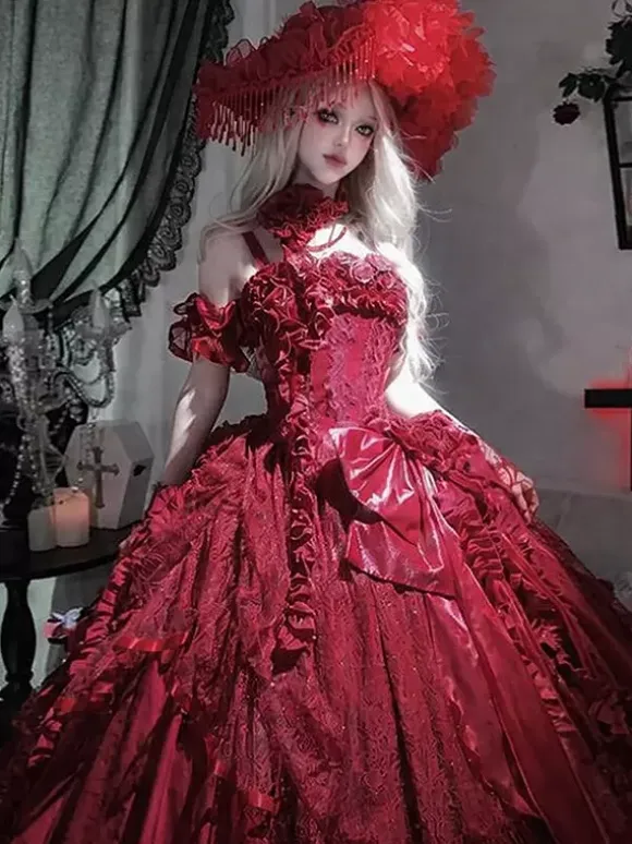 Gothic Wedding Lolita Dresses Ruffles Bows Red White Gown
