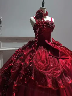 Gothic Wedding Lolita Dresses Ruffles Bows Red White Gown