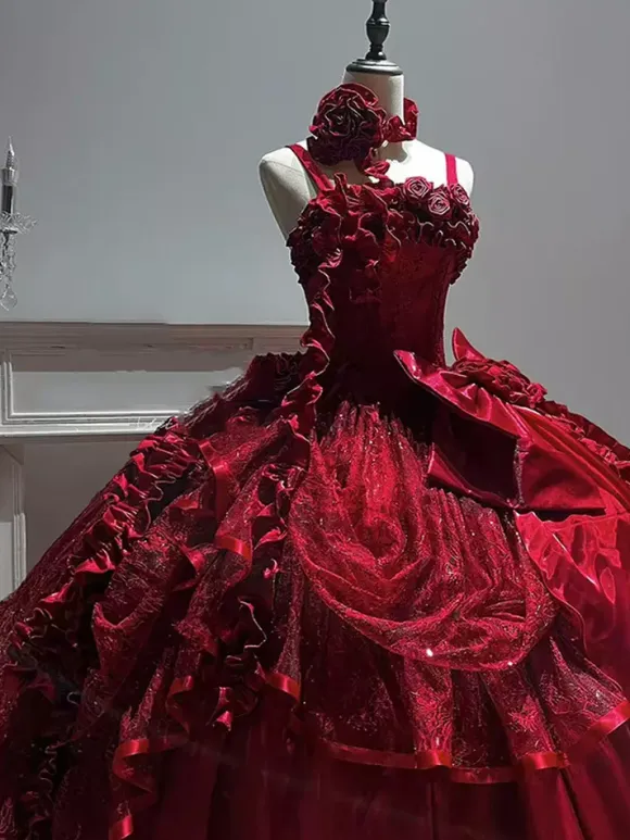 Gothic Wedding Lolita Dresses Ruffles Bows Red White Gown