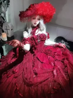 Gothic Wedding Lolita Dresses Ruffles Bows Red White Gown