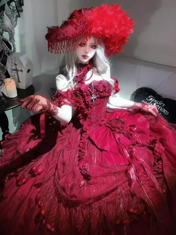 Gothic Wedding Lolita Dresses Ruffles Bows Red White Gown
