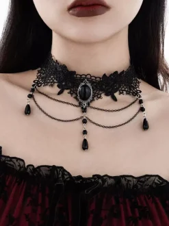 Gothic Woman Indoor Red Lace Multi-Layer Crystal Choker Necklace