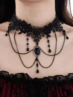 Gothic Woman Indoor Red Lace Multi-Layer Crystal Choker Necklace