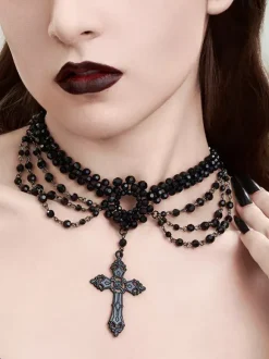 Gothic Woman Indoor Red Lace Multi-Layer Crystal Choker Necklace