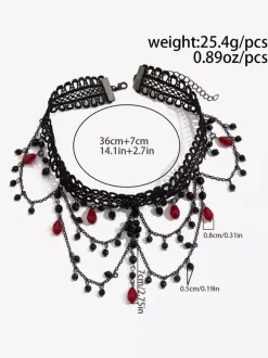 Gothic Woman Indoor Red Lace Multi-Layer Crystal Choker Necklace