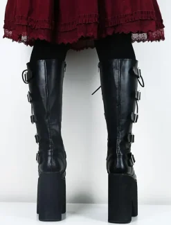 Gothic Black Lolita Boots High Platform Buckles Cross Print