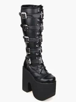 Gothic Black Lolita Boots High Platform Buckles Cross Print