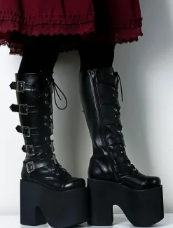 Gothic Black Lolita Boots High Platform Buckles Cross Print