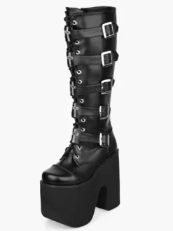 Gothic Black Lolita Boots High Platform Buckles Cross Print