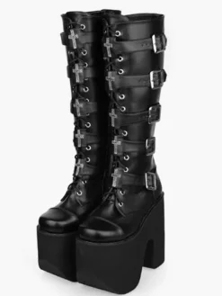 Gothic Black Lolita Boots High Platform Buckles Cross Print