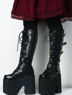 Gothic Black Lolita Boots High Platform Buckles Cross Print