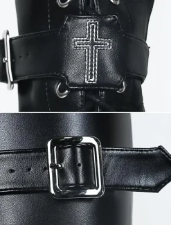 Gothic Black Lolita Boots High Platform Buckles Cross Print