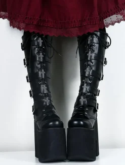 Gothic Black Lolita Boots High Platform Buckles Cross Print