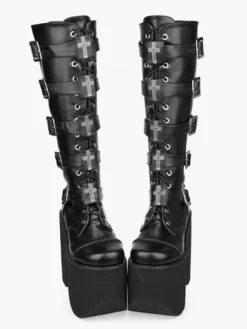 Gothic Black Lolita Boots High Platform Buckles Cross Print