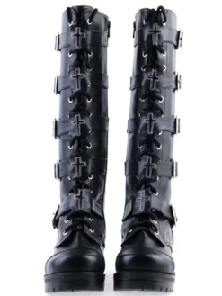 Gothic Black Lolita Boots Square Heels Platform Shoelace Straps Buckles