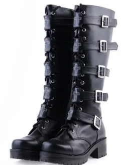 Gothic Black Lolita Boots Square Heels Platform Shoelace Straps Buckles