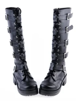 Gothic Black Lolita Boots Square Heels Platform Shoelace Straps Buckles
