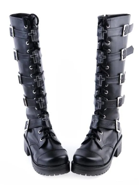 Gothic Black Lolita Boots Square Heels Platform Shoelace Straps Buckles