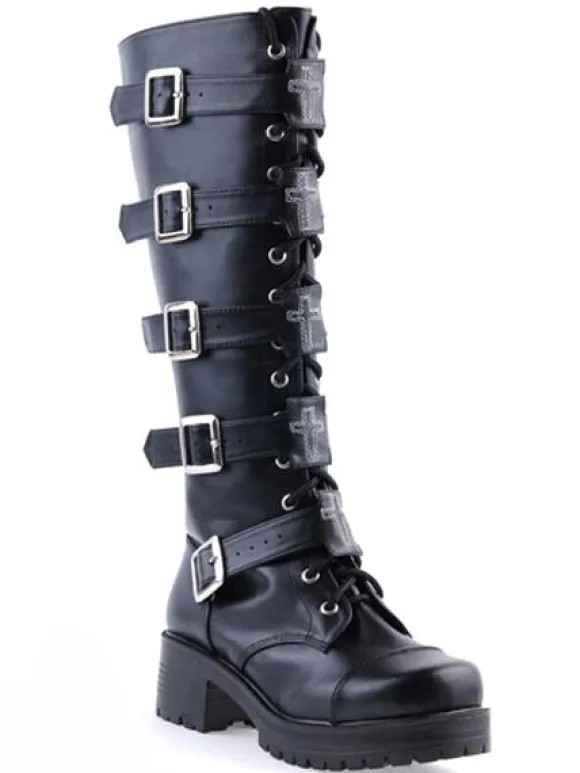 Gothic Black Lolita Boots Square Heels Platform Shoelace Straps Buckles
