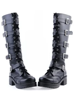Gothic Black Lolita Boots Square Heels Platform Shoelace Straps Buckles