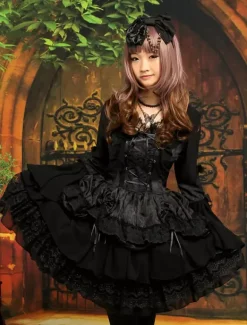 Gothic Black Lolita One Piece Dress Long Hime Sleeves Lace Up Layers Lace Trim