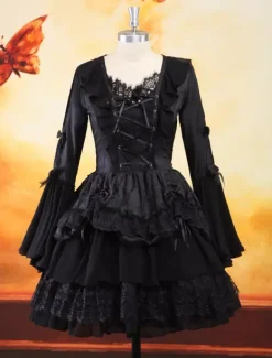 Gothic Black Lolita One Piece Dress Long Hime Sleeves Lace Up Layers Lace Trim