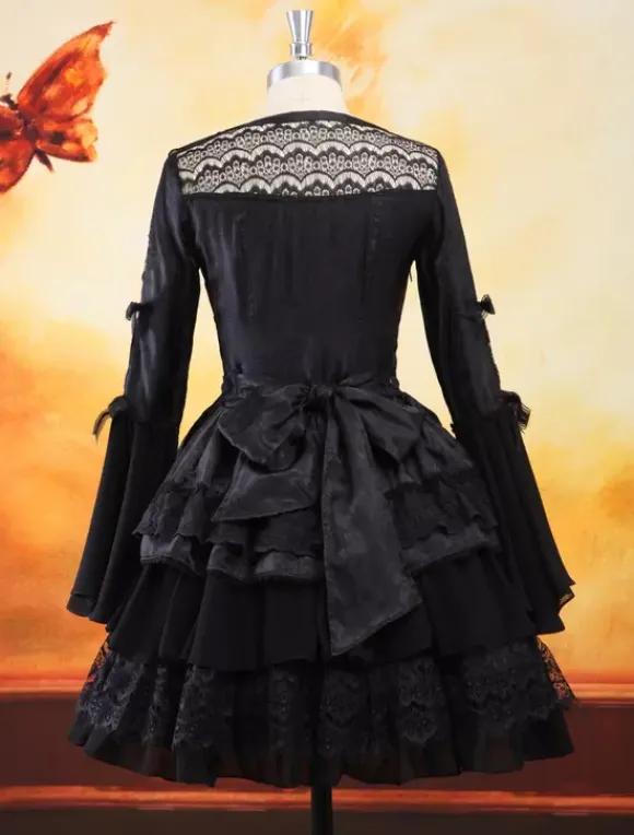 Gothic Black Lolita One Piece Dress Long Hime Sleeves Lace Up Layers Lace Trim
