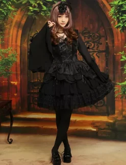 Gothic Black Lolita One Piece Dress Long Hime Sleeves Lace Up Layers Lace Trim