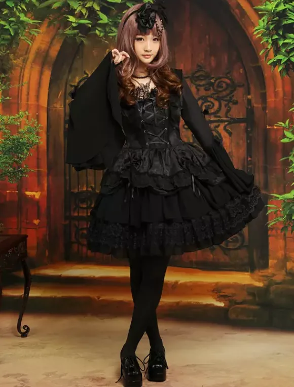 Gothic Black Lolita One Piece Dress Long Hime Sleeves Lace Up Layers Lace Trim