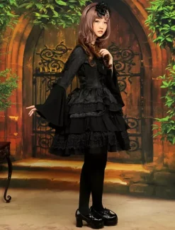 Gothic Black Lolita One Piece Dress Long Hime Sleeves Lace Up Layers Lace Trim