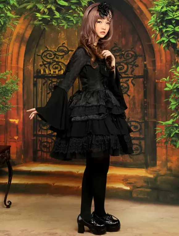 Gothic Black Lolita One Piece Dress Long Hime Sleeves Lace Up Layers Lace Trim
