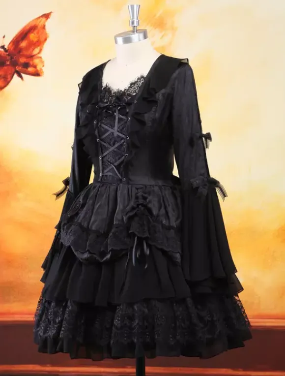 Gothic Black Lolita One Piece Dress Long Hime Sleeves Lace Up Layers Lace Trim