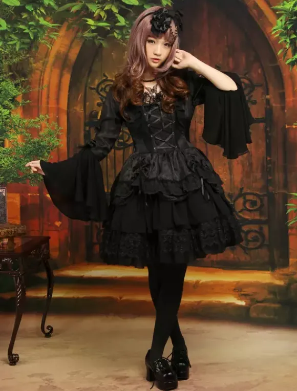 Gothic Black Lolita One Piece Dress Long Hime Sleeves Lace Up Layers Lace Trim