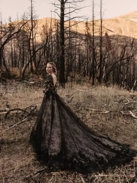Gothic Black Wedding Dresses Lace Princess Silhouette Long Sleeves Lace Court Train Bridal Gown Free Customization