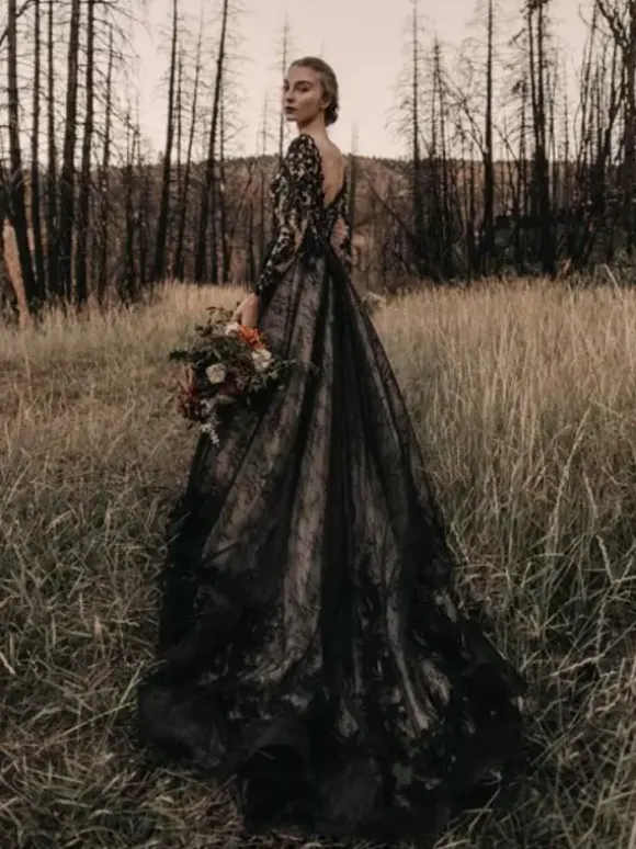 Gothic Black Wedding Dresses Lace Princess Silhouette Long Sleeves Lace Court Train Bridal Gown Free Customization