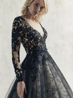 Gothic Black Wedding Dresses Lace Princess Silhouette Long Sleeves Lace Court Train Bridal Gown Free Customization
