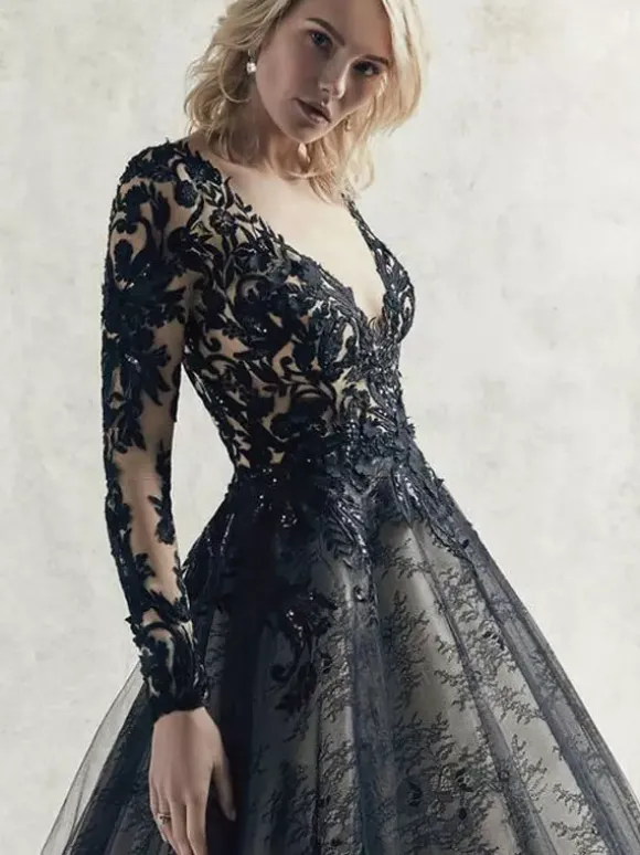 Gothic Black Wedding Dresses Lace Princess Silhouette Long Sleeves Lace Court Train Bridal Gown Free Customization
