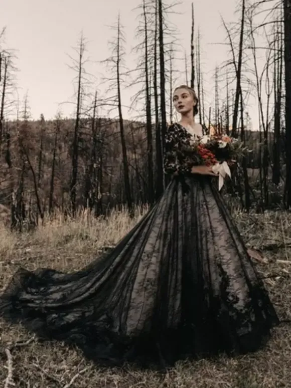 Gothic Black Wedding Dresses Lace Princess Silhouette Long Sleeves Lace Court Train Bridal Gown Free Customization