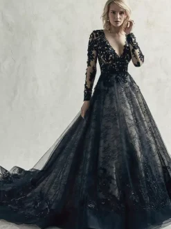 Gothic Black Wedding Dresses Lace Princess Silhouette Long Sleeves Lace Court Train Bridal Gown Free Customization