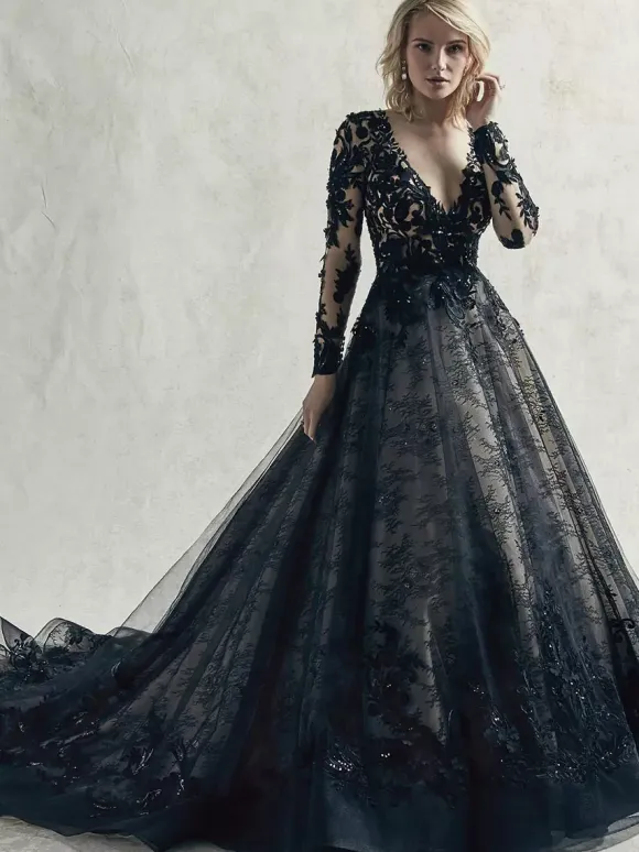 Gothic Black Wedding Dresses Lace Princess Silhouette Long Sleeves Lace Court Train Bridal Gown Free Customization