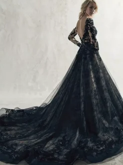 Gothic Black Wedding Dresses Lace Princess Silhouette Long Sleeves Lace Court Train Bridal Gown Free Customization