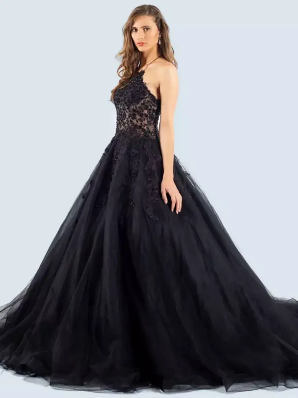 Gothic Black Wedding Dresses A-Line Sleeveless Lace With Train Bridal Gown Free Customization