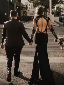 Gothic Black Wedding Dresses Mermaid Long Sleeves Lace With Train Bridal Gown Free Customization