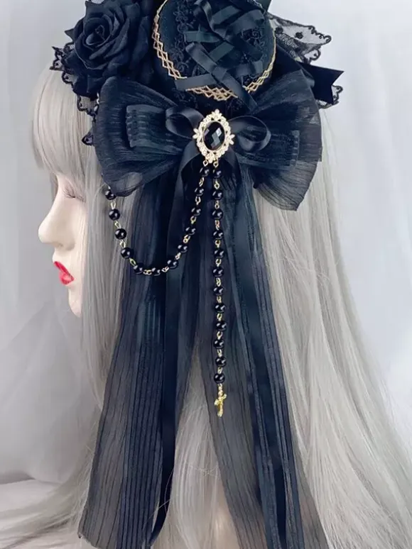 Gothic Headdress Lolita Fashion Accessories Burgundy Chains Lace Headwear