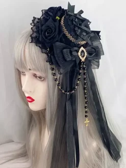 Gothic Headdress Lolita Fashion Accessories Burgundy Chains Lace Headwear