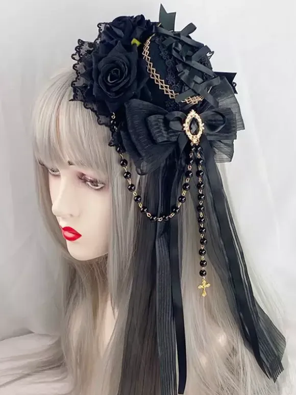 Gothic Headdress Lolita Fashion Accessories Burgundy Chains Lace Headwear