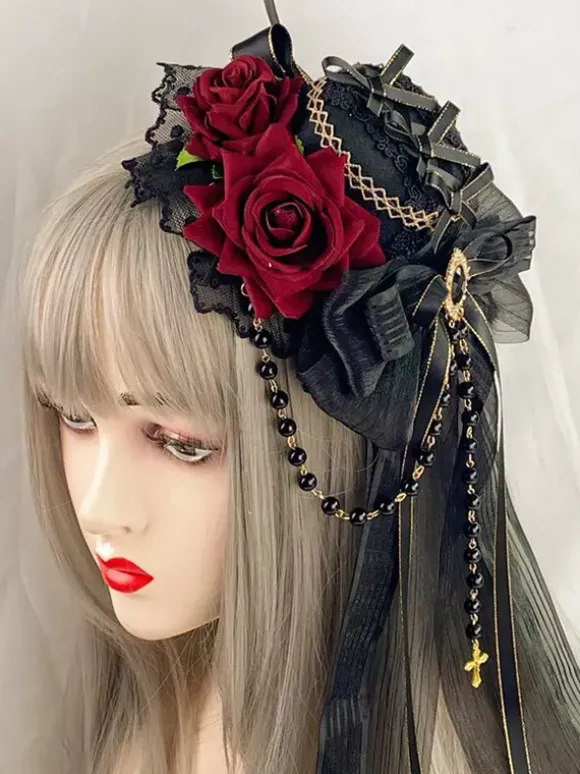 Gothic Headdress Lolita Fashion Accessories Burgundy Chains Lace Headwear