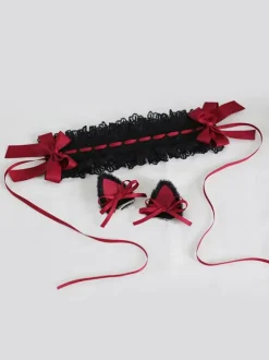 Gothic Lolita Accessories Burgundy Bows Lace Ruffles Polyester Accessory Miscellaneous