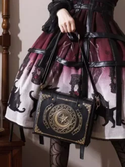 Gothic Lolita Bag Coffee Brown PU Leather Metal Details Floral Print Stars Print PU Leather Cross-body Bag Lolita Accessories