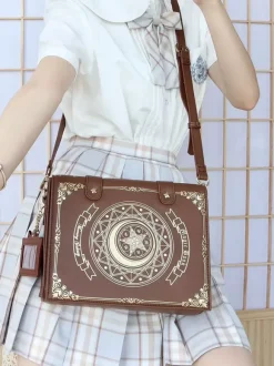 Gothic Lolita Bag Coffee Brown PU Leather Metal Details Floral Print Stars Print PU Leather Cross-body Bag Lolita Accessories
